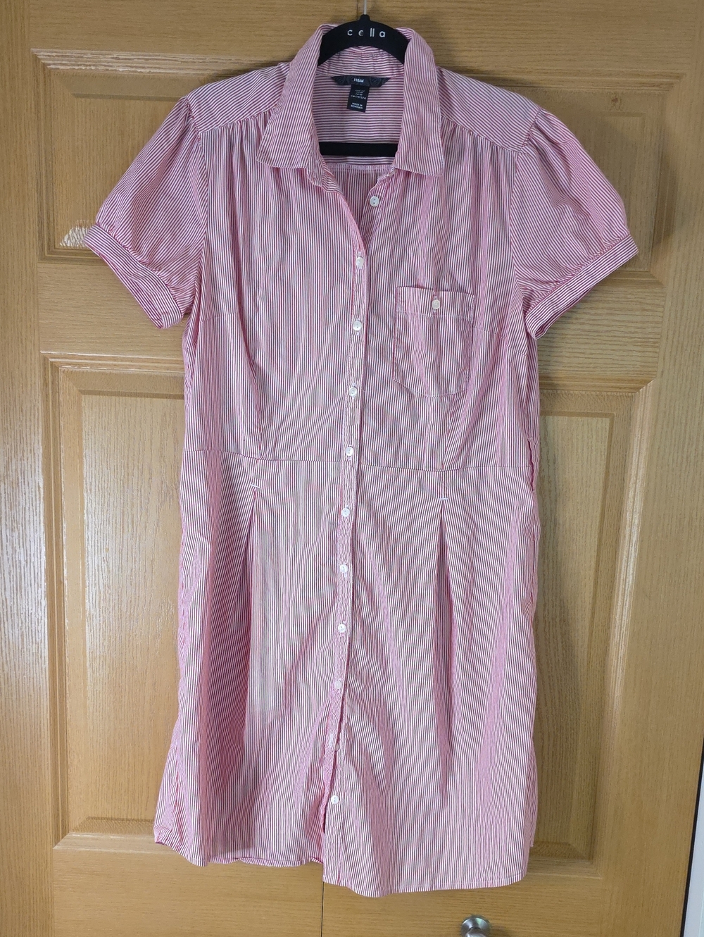 H&M Red and White Striped Button-Front Shirt Dress Size 10 Short Sleeve